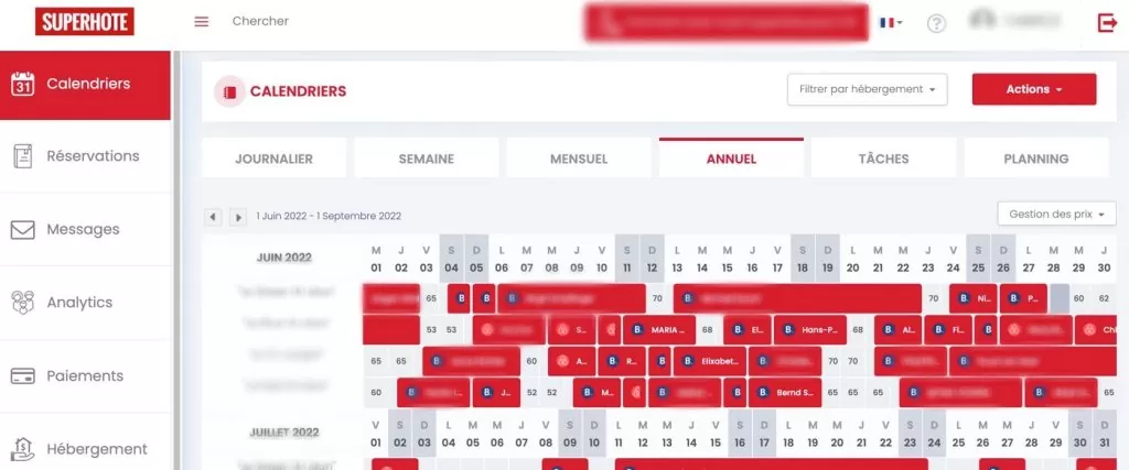 Calendrier du channel manager Superhote