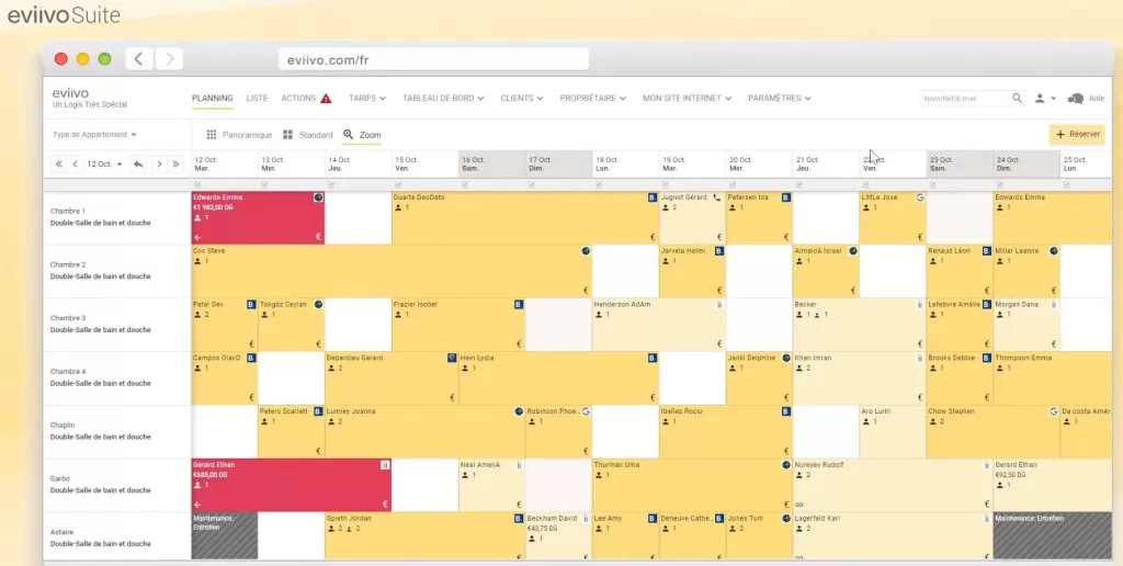 Planning de réservation Eviivo