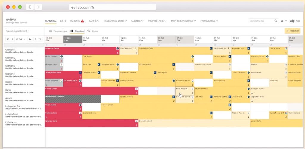planning Eviivo réservation 